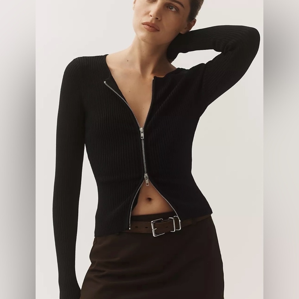 Anthropologie Good American Black Rib Zip Sweater